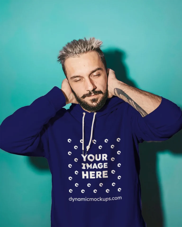 Man Wearing Navy Blue Hoodie Mockup Front View Template