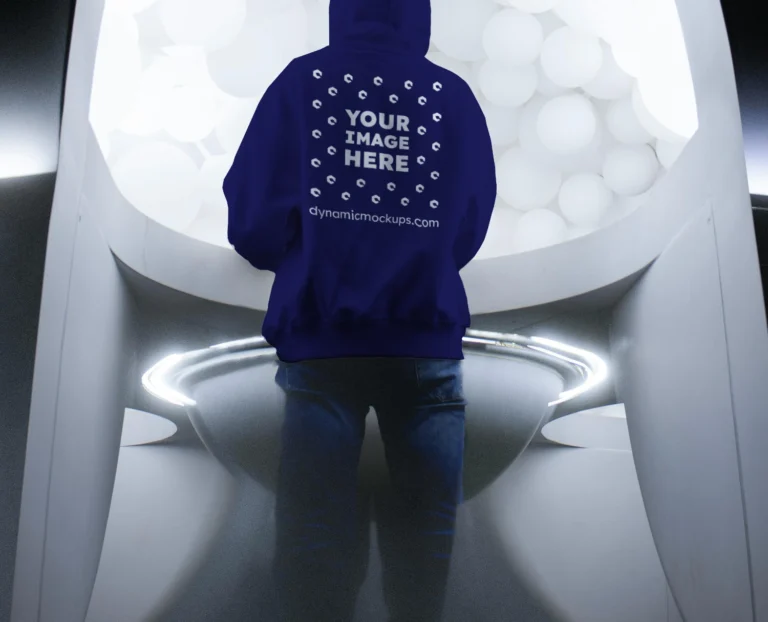 Man Wearing Navy Blue Hoodie Mockup Back View Template