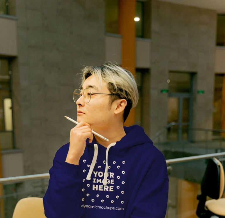 Man Wearing Navy Blue Hoodie Mockup Front View Template
