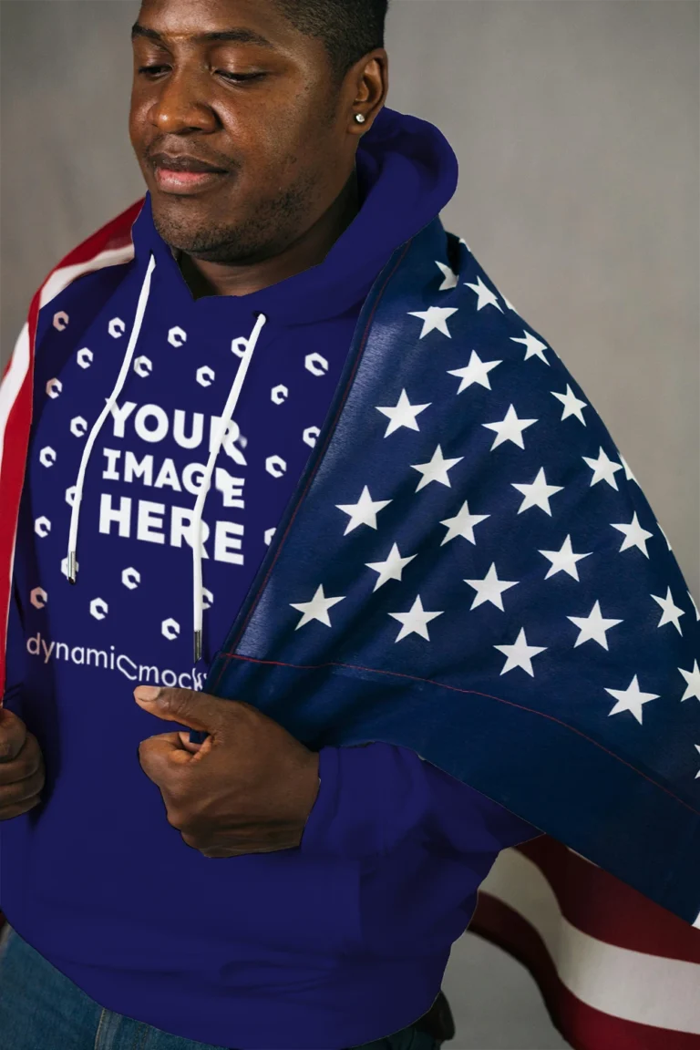 Man Wearing Navy Blue Hoodie Mockup Front View Template