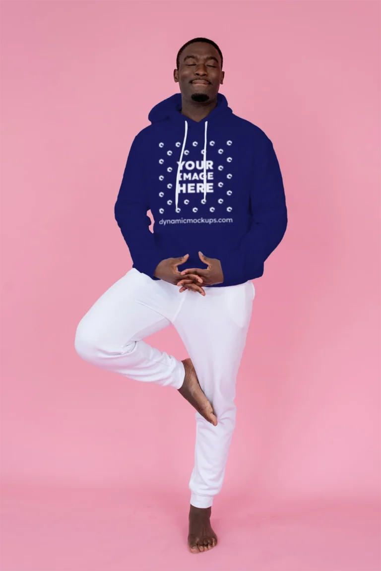 Man Wearing Navy Blue Hoodie Mockup Front View Template