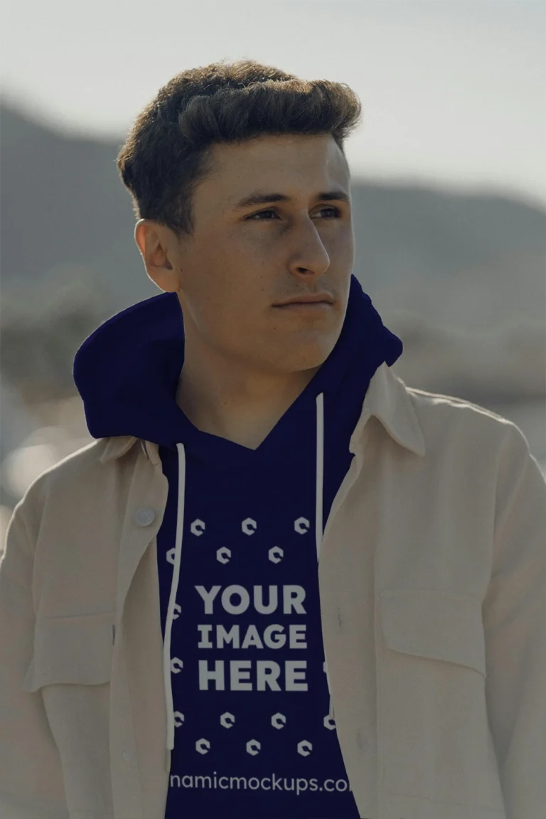 Man Wearing Navy Blue Hoodie Mockup Front View Template