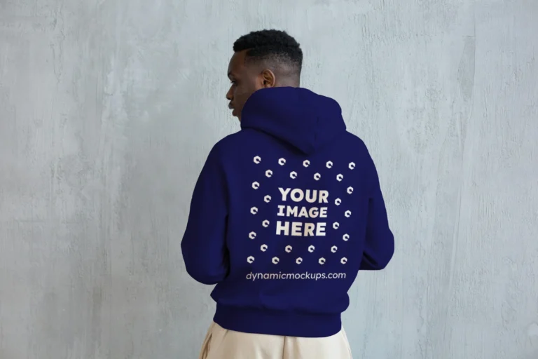 Man Wearing Navy Blue Hoodie Mockup Back View Template