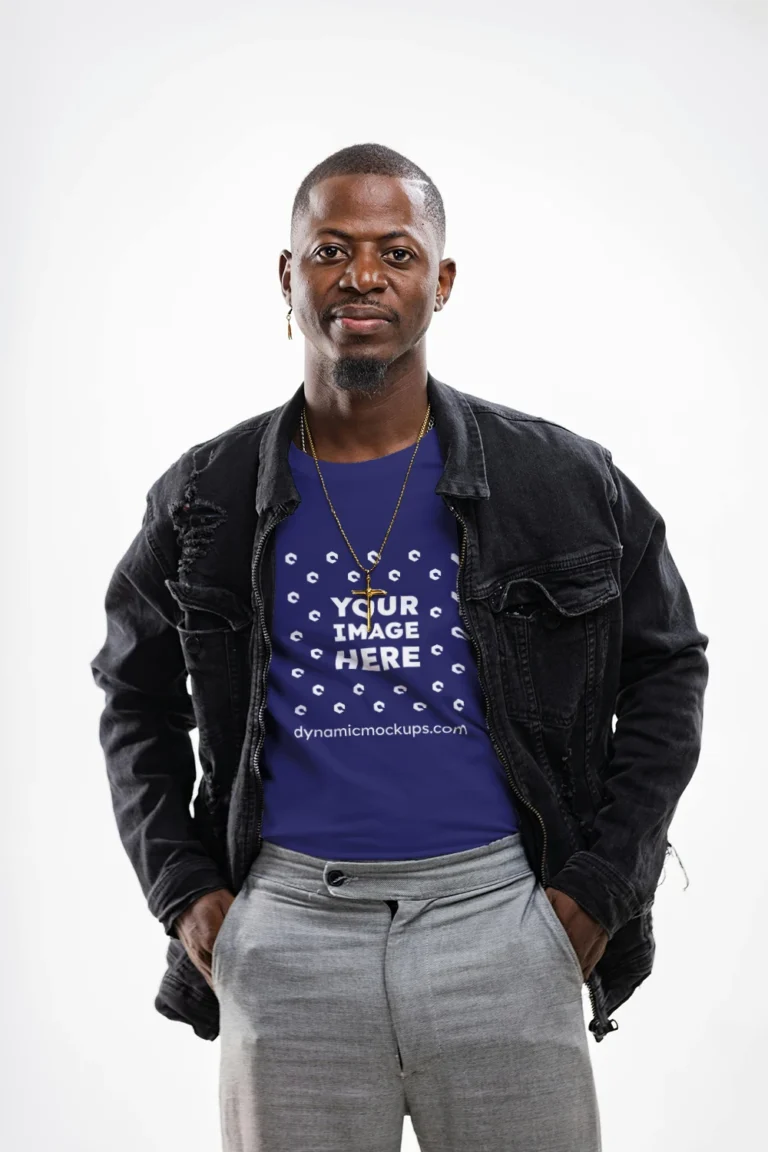 Man Wearing Navy Blue T-shirt Mockup Front View Template