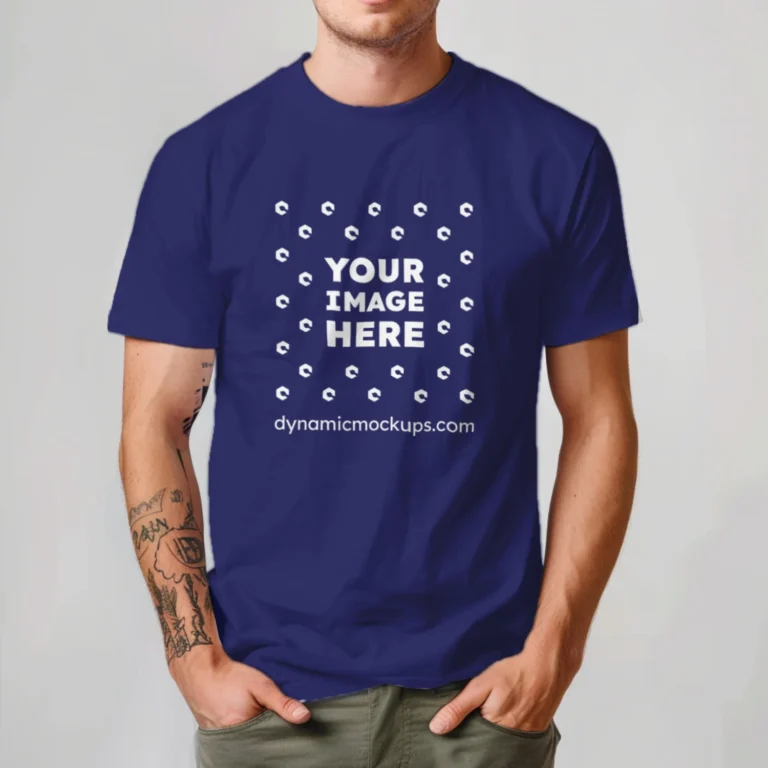 Man Wearing Navy Blue T-shirt Mockup Front View Template