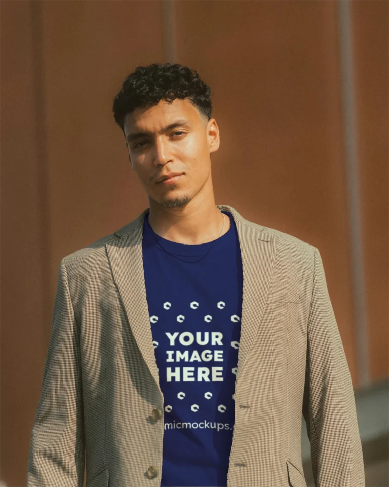 Man Wearing Navy Blue T-shirt Mockup Front View Template