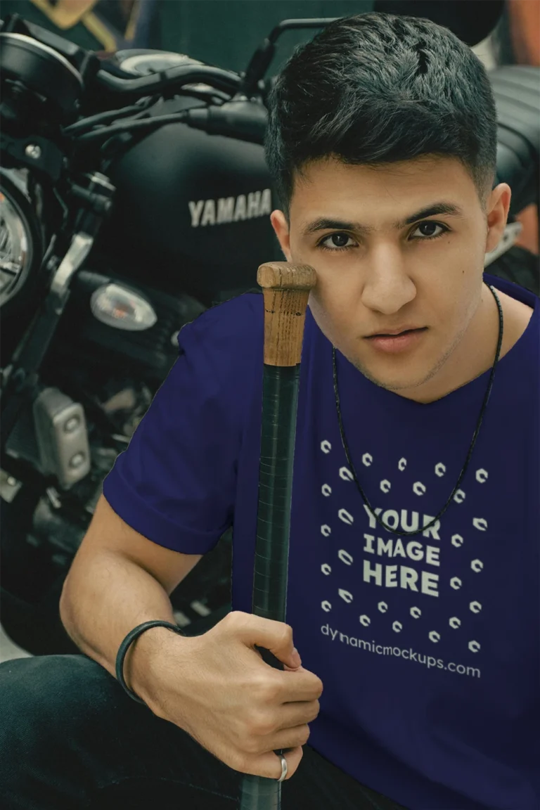 Man Wearing Navy Blue T-shirt Mockup Front View Template