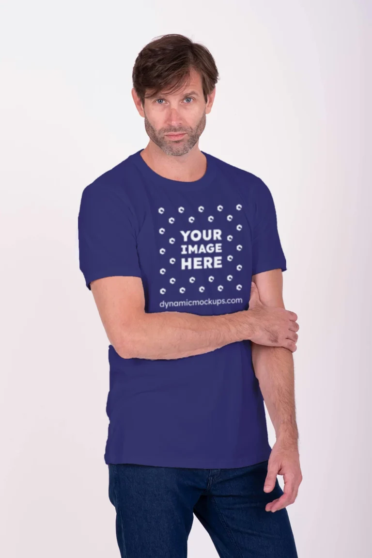 Man Wearing Navy Blue T-shirt Mockup Front View Template
