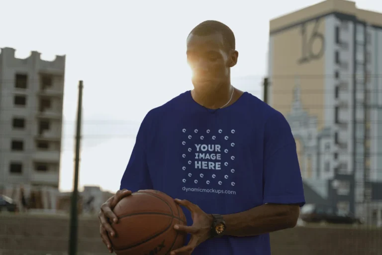 Man Wearing Navy Blue T-shirt Mockup Front View Template