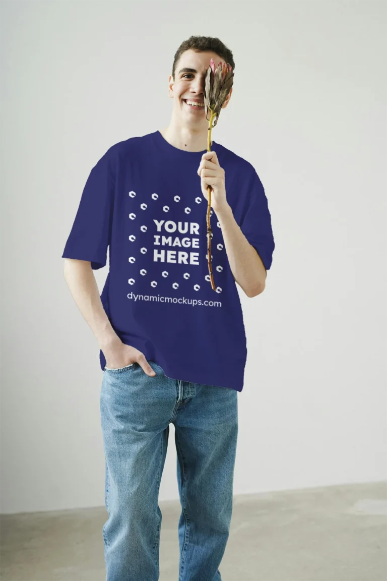 Man Wearing Navy Blue T-shirt Mockup Front View Template