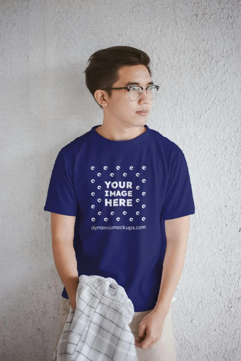 Man Wearing Navy Blue T-shirt Mockup Front View Template