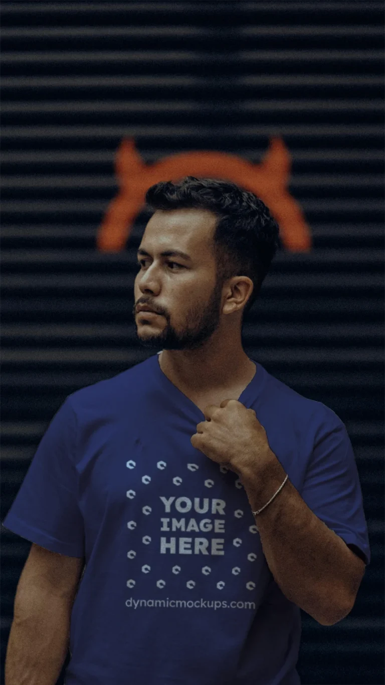 Man Wearing Navy Blue T-shirt Mockup Front View Template
