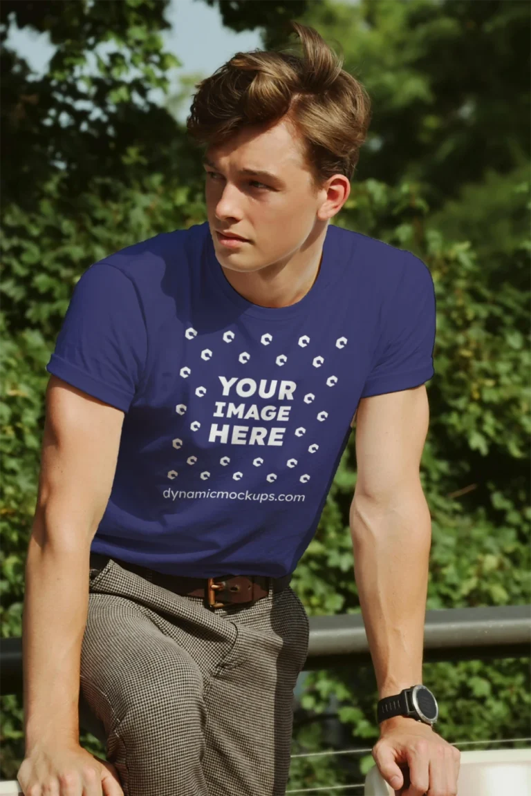 Man Wearing Navy Blue T-shirt Mockup Front View Template