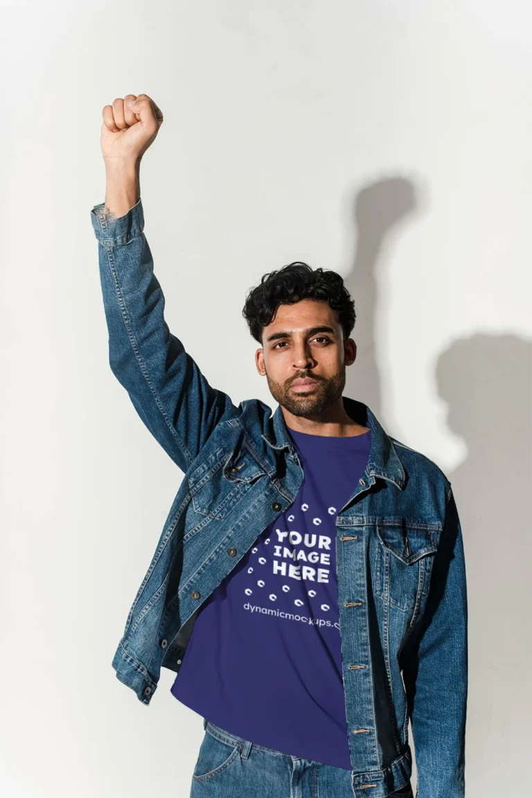 Man Wearing Navy Blue T-shirt Mockup Front View Template