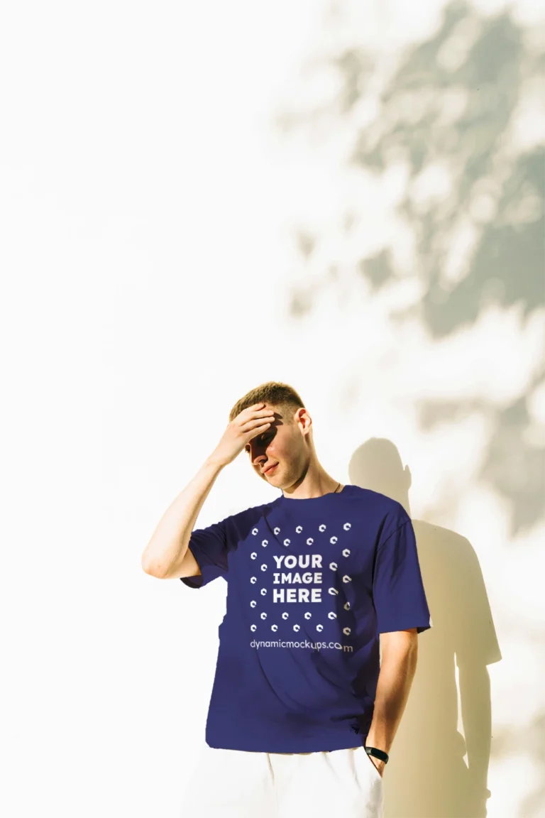 Man Wearing Navy Blue T-shirt Mockup Front View Template