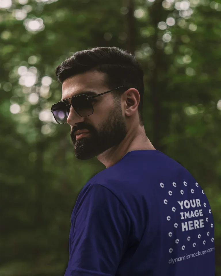 Man Wearing Navy Blue T-shirt Mockup Back View Template