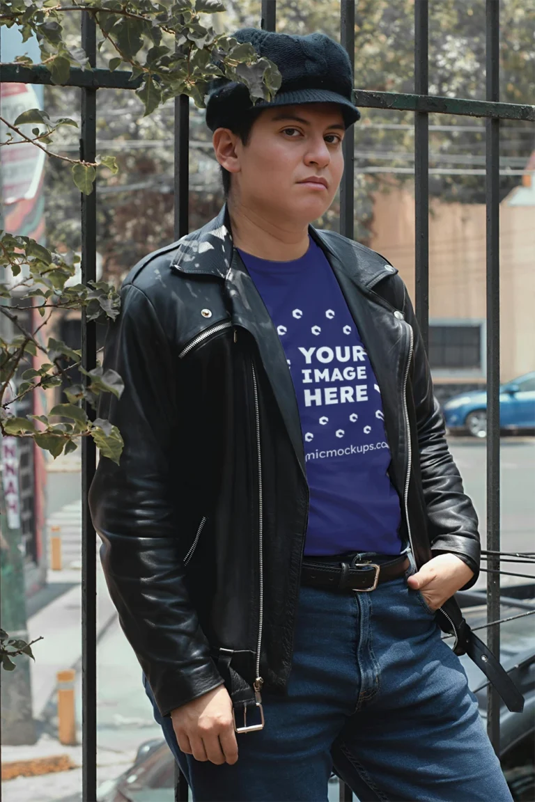 Man Wearing Navy Blue T-shirt Mockup Front View Template