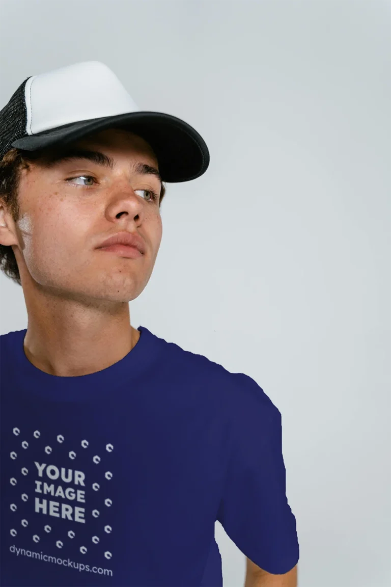 Man Wearing Navy Blue T-shirt Mockup Front View Template