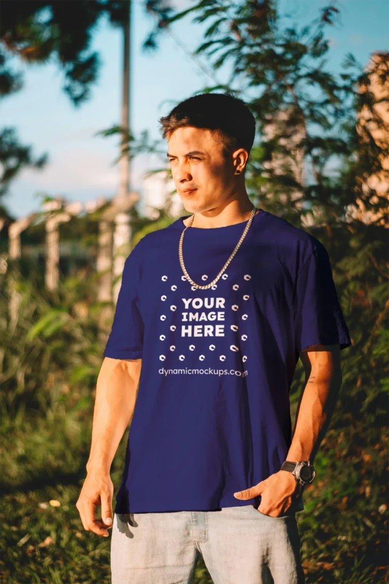 Man Wearing Navy Blue T-shirt Mockup Front View Template