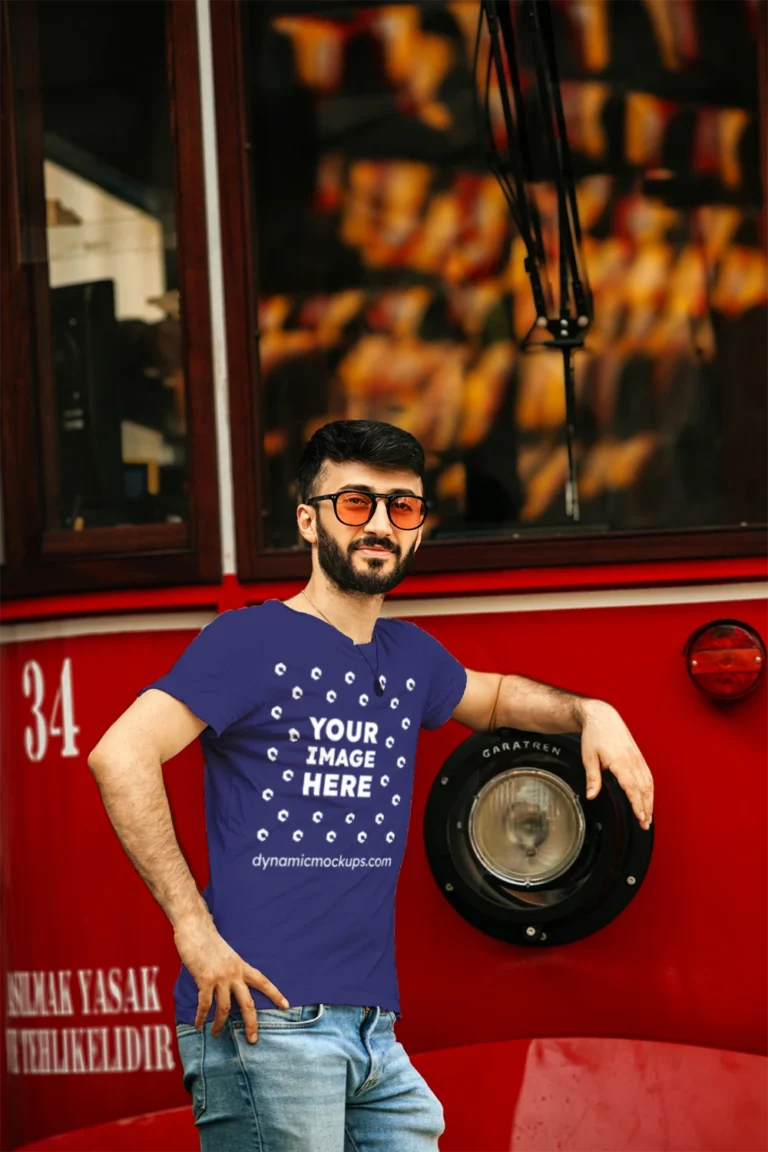 Man Wearing Navy Blue T-shirt Mockup Front View Template