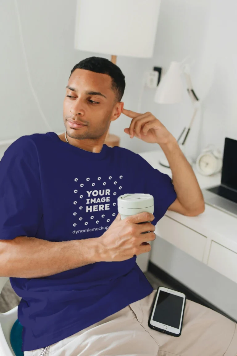 Man Wearing Navy Blue T-shirt Mockup Front View Template