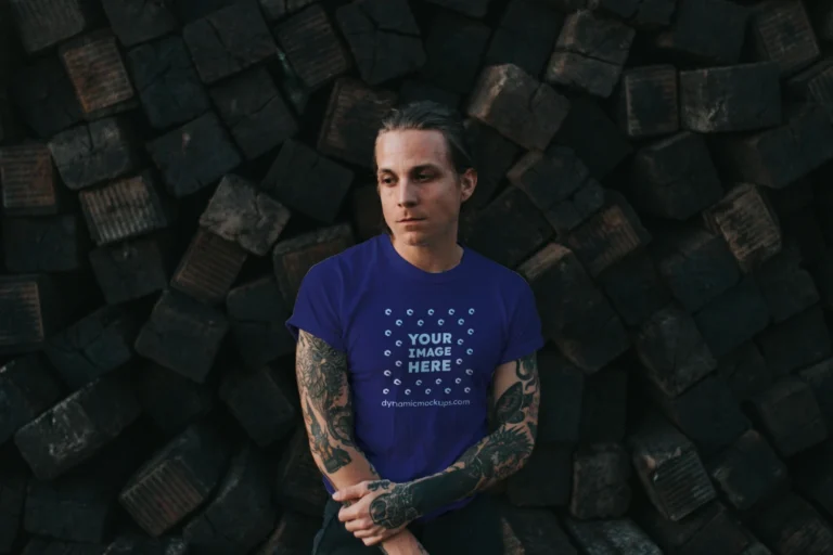 Man Wearing Navy Blue T-shirt Mockup Front View Template