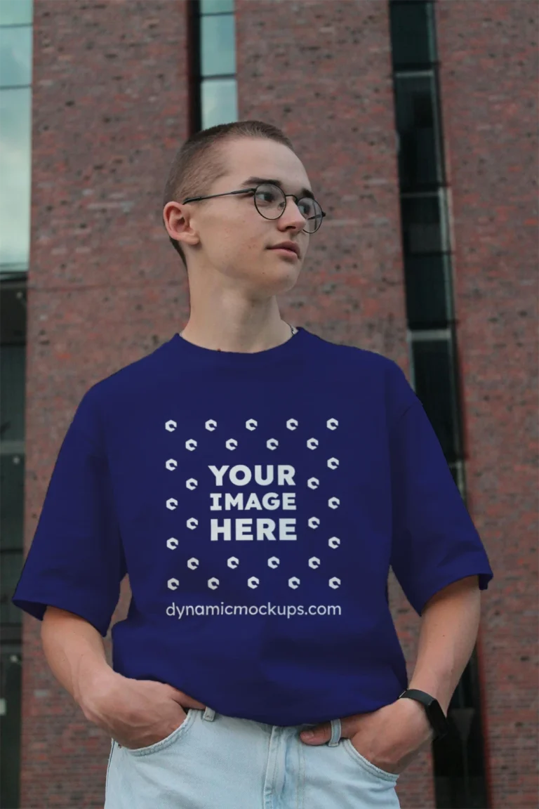 Man Wearing Navy Blue T-shirt Mockup Front View Template