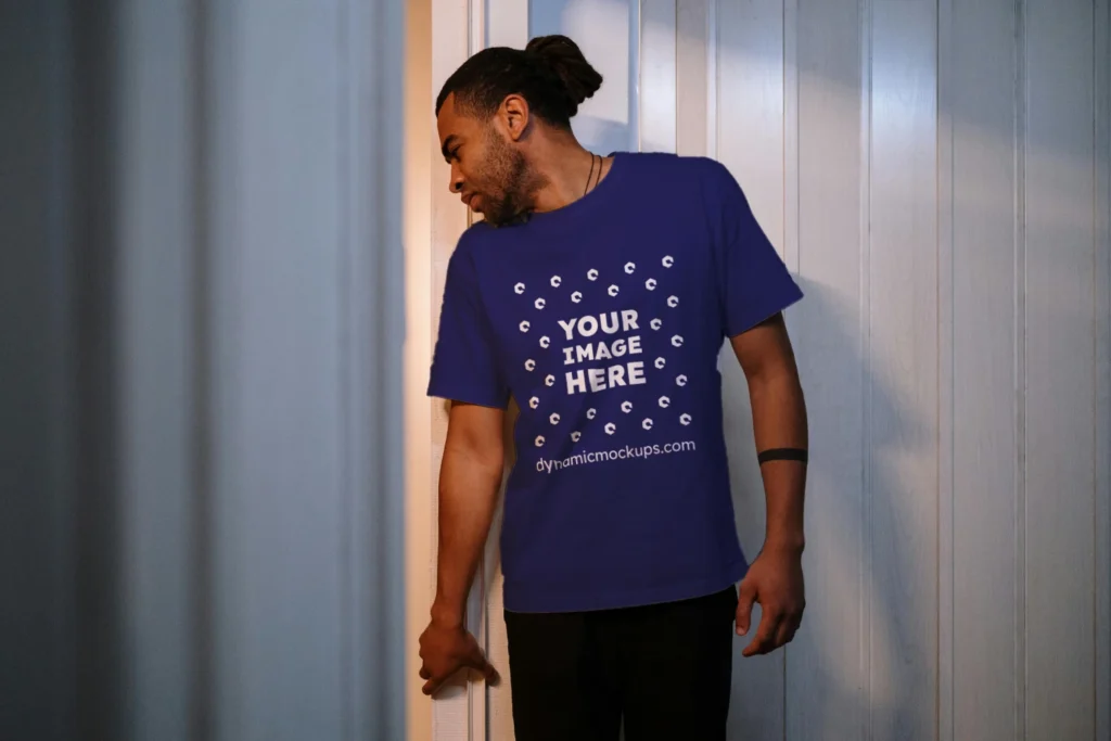 Man Wearing Navy Blue T-shirt Mockup Front View Template