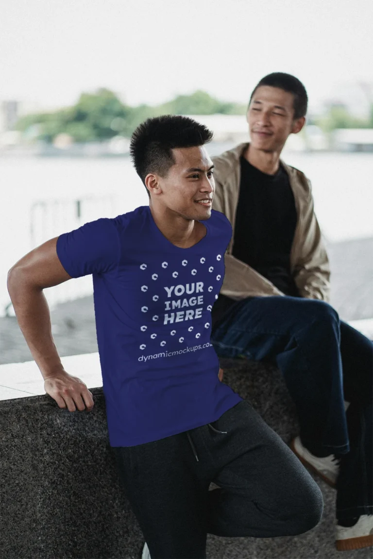 Man Wearing Navy Blue T-shirt Mockup Front View Template