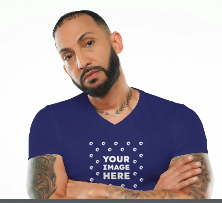 Man Wearing Navy Blue T-shirt Mockup Front View Template