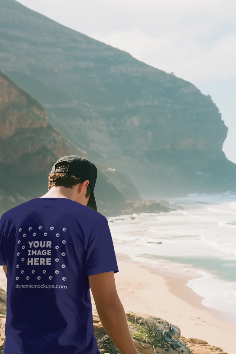 Man Wearing Navy Blue T-shirt Mockup Back View Template