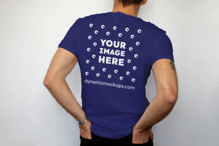 Man Wearing Navy Blue T-shirt Mockup Back View Template