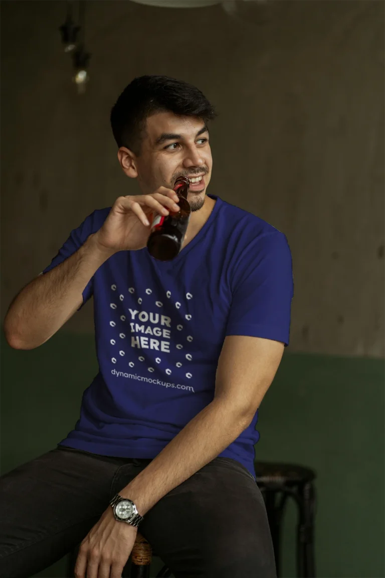 Man Wearing Navy Blue T-shirt Mockup Front View Template