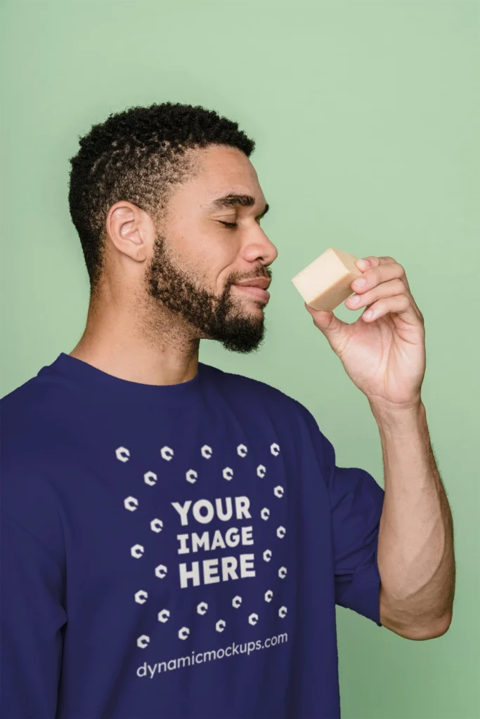 Man Wearing Navy Blue T-shirt Mockup Front View Template