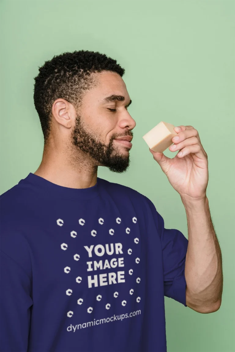 Man Wearing Navy Blue T-shirt Mockup Front View Template