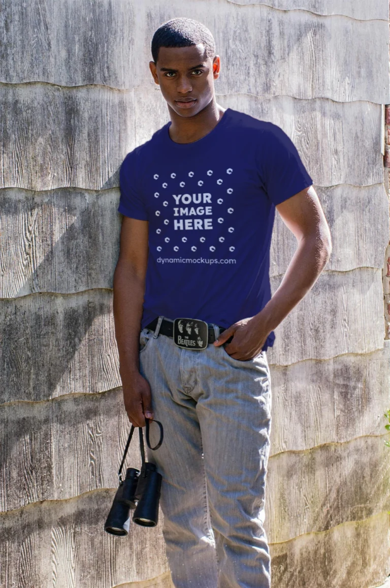 Man Wearing Navy Blue T-shirt Mockup Front View Template