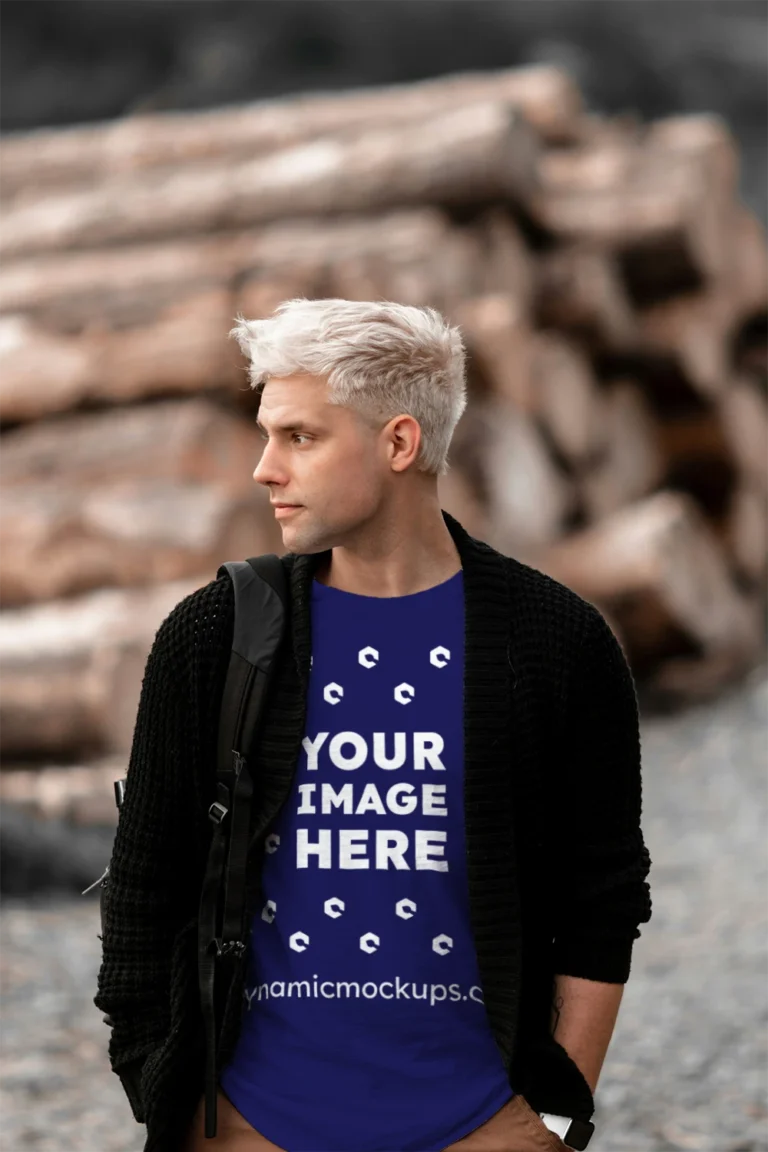 Man Wearing Navy Blue T-shirt Mockup Front View Template