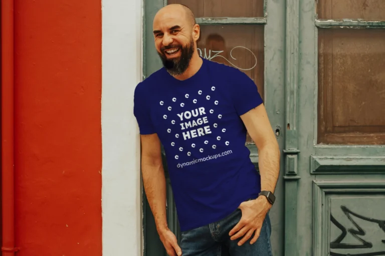 Man Wearing Navy Blue T-shirt Mockup Front View Template