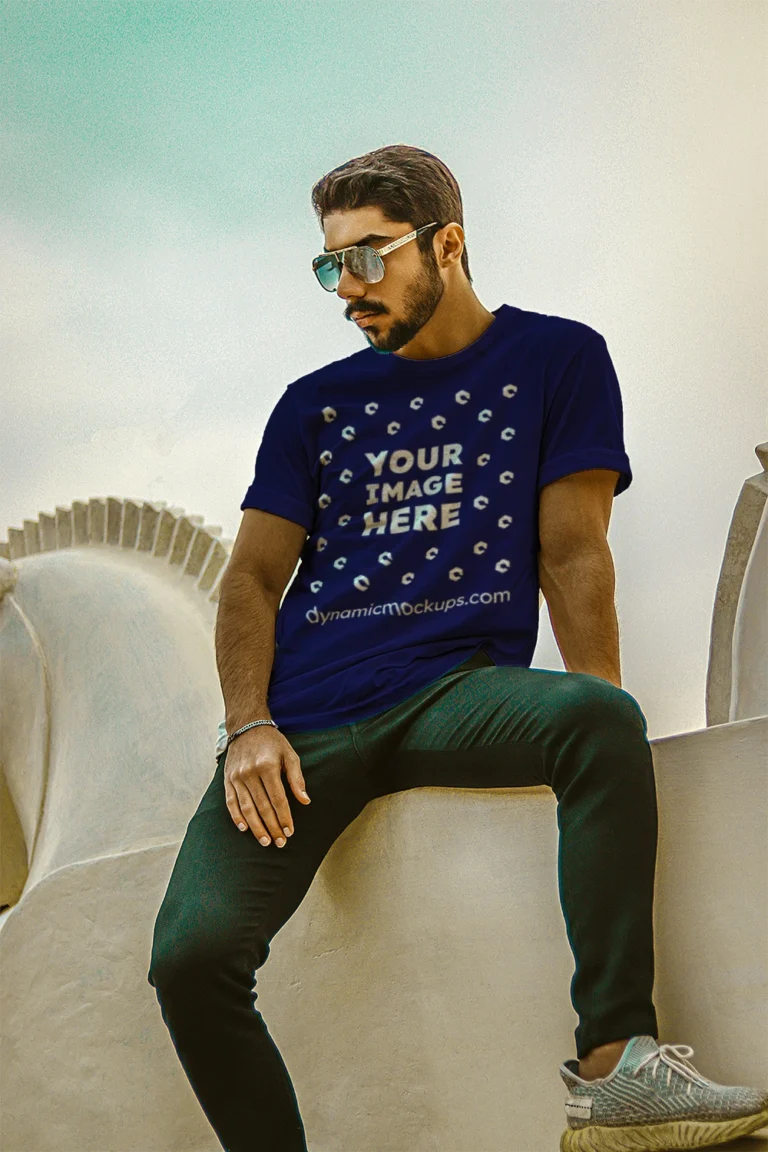 Man Wearing Navy Blue T-shirt Mockup Front View Template