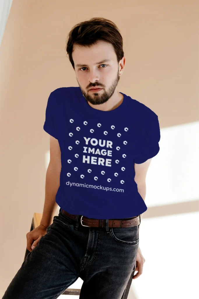 Man Wearing Navy Blue T-shirt Mockup Front View Template