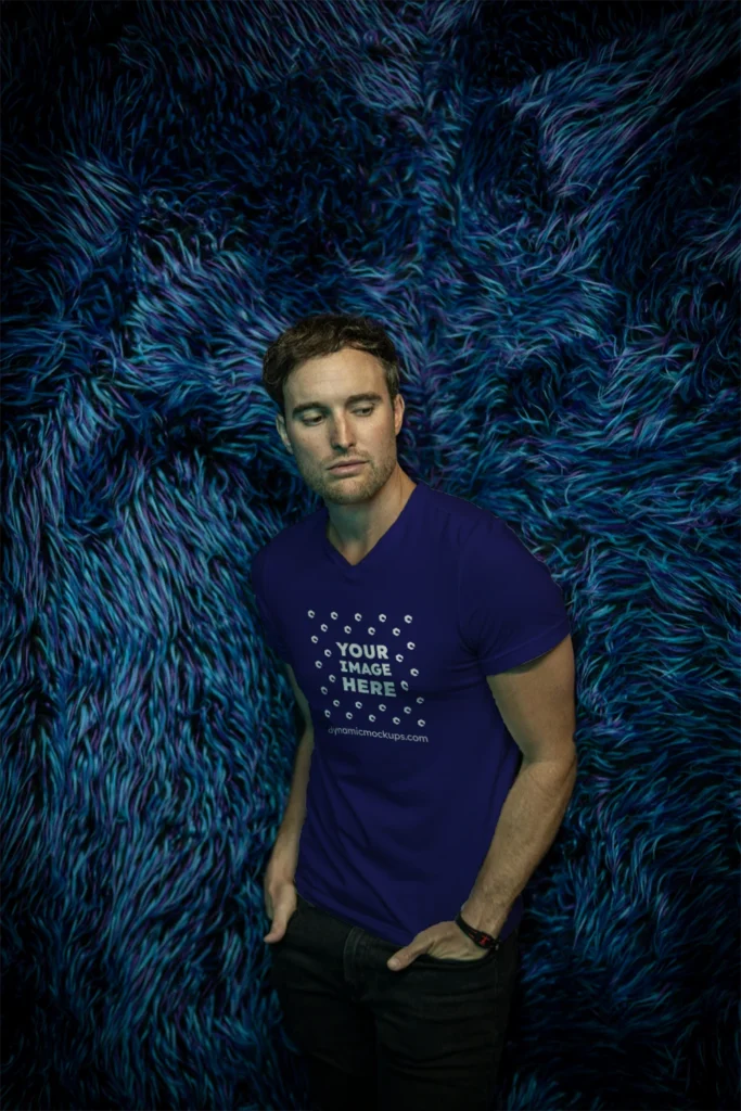 Man Wearing Navy Blue T-shirt Mockup Front View Template
