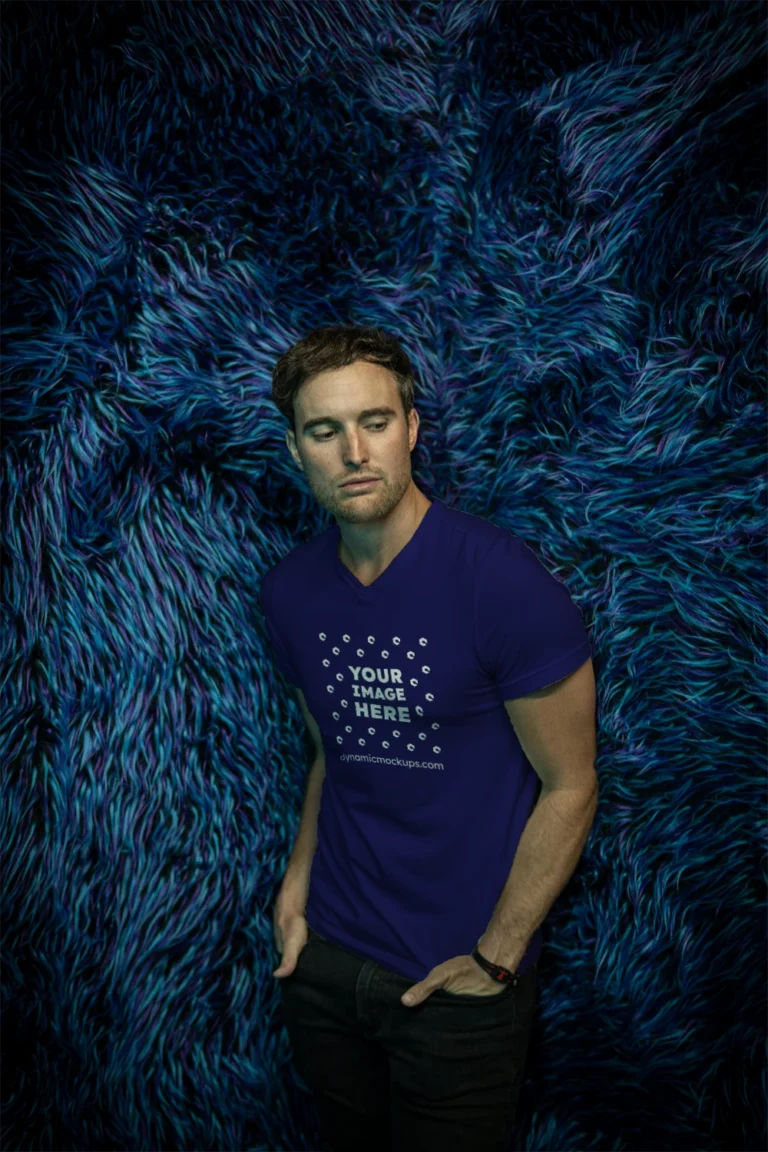 Man Wearing Navy Blue T-shirt Mockup Front View Template