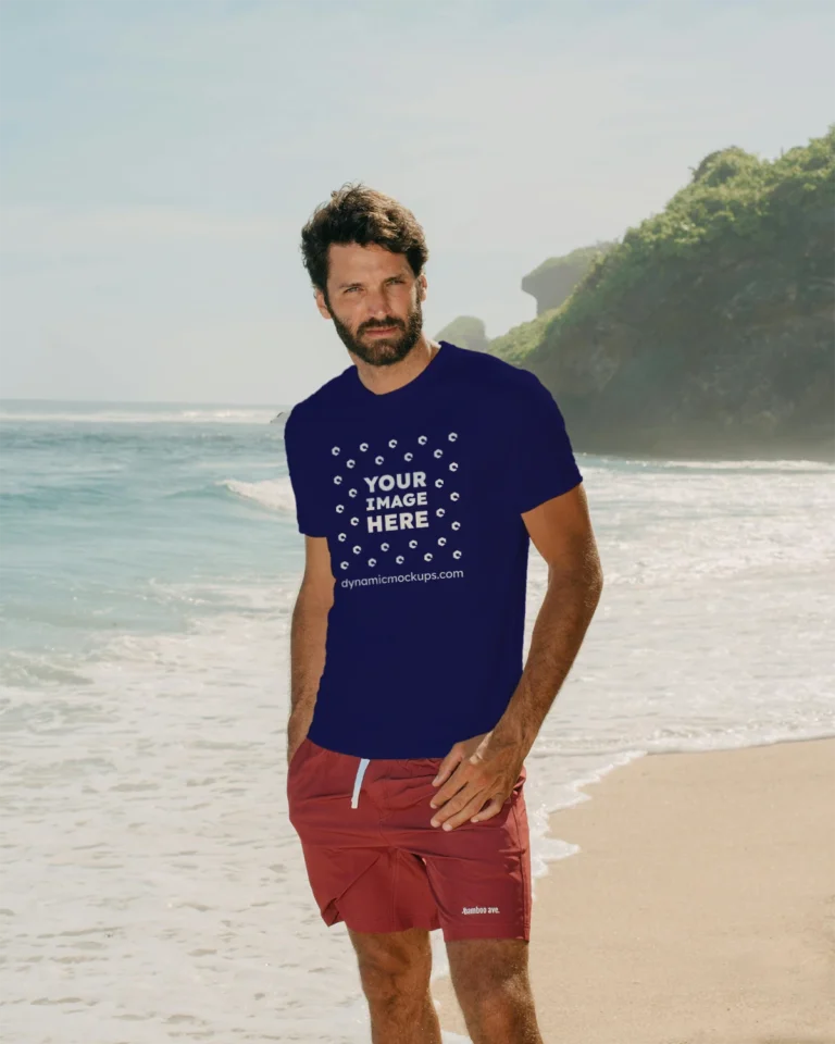 Man Wearing Navy Blue T-shirt Mockup Front View Template