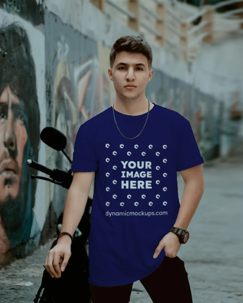 Man Wearing Navy Blue T-shirt Mockup Front View Template