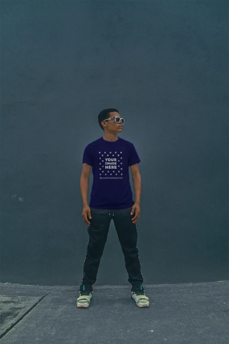 Man Wearing Navy Blue T-shirt Mockup Front View Template
