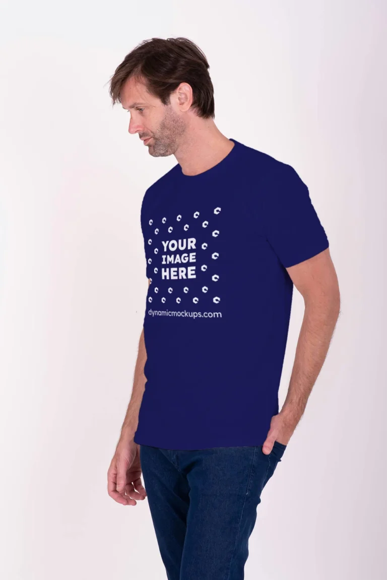 Man Wearing Navy Blue T-shirt Mockup Front View Template
