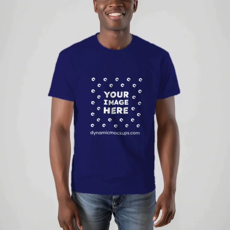 Man Wearing Navy Blue T-shirt Mockup Front View Template