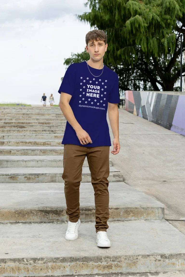 Man Wearing Navy Blue T-shirt Mockup Front View Template