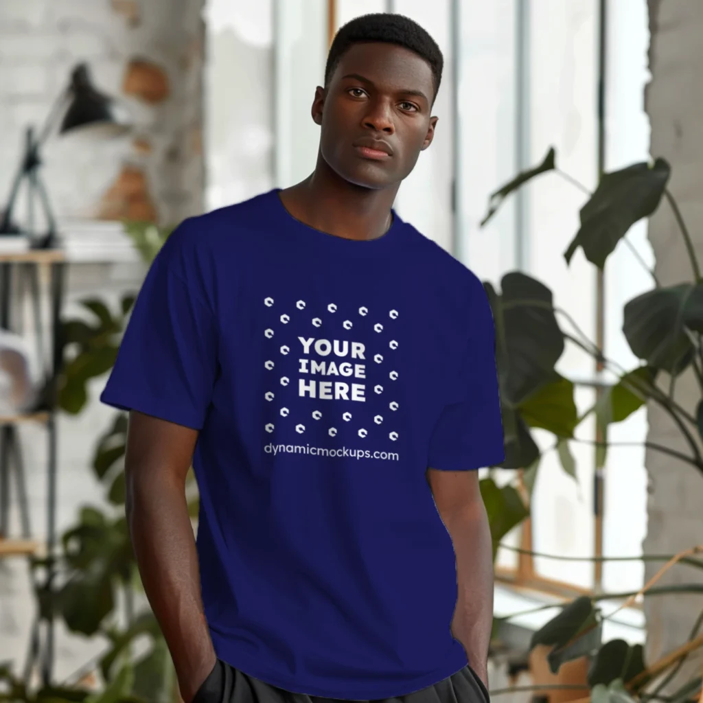 Man Wearing Navy Blue T-shirt Mockup Front View Template