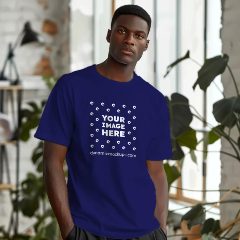 Man Wearing Navy Blue T-shirt Mockup Front View Template